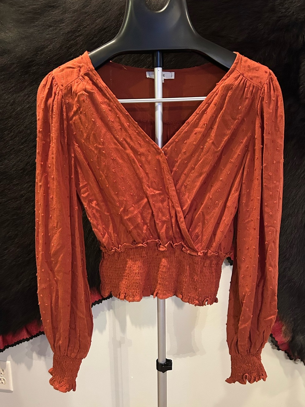MINE Rust Orange Wrap Smocked Hem Blouse W/Metallic Thread Sz M